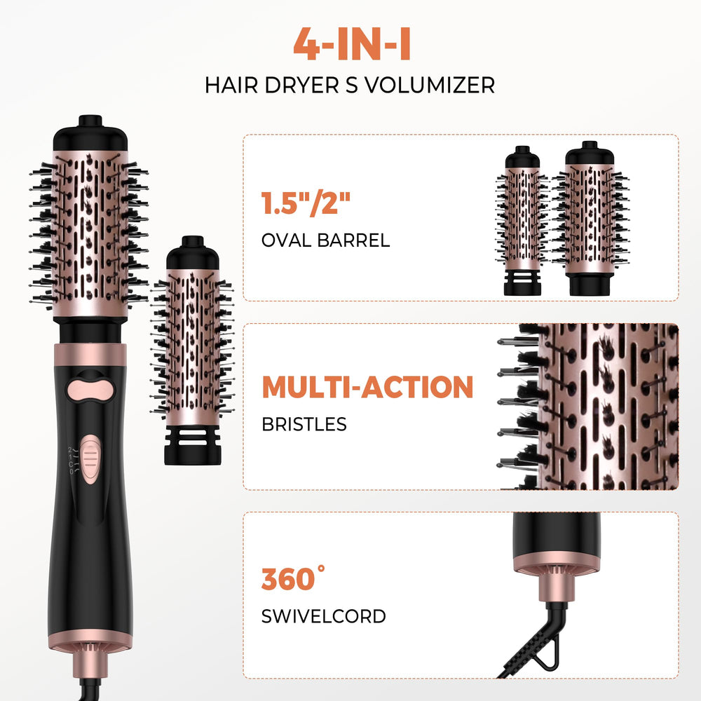 OKWRAP rotating hair dryer brush with 2-inch detachable brush for sleek straight looks and curls.