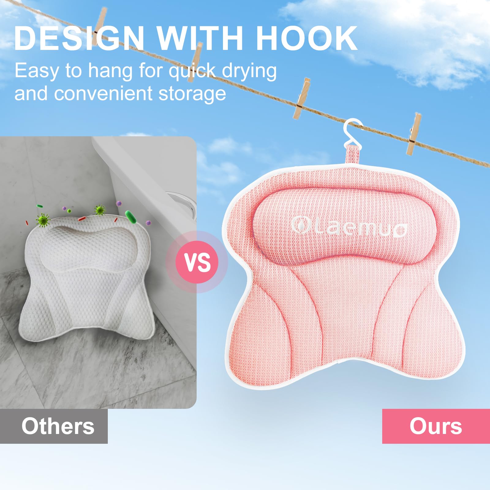 Six suction cups on Olaemuo bath pillow for stable placement during baths