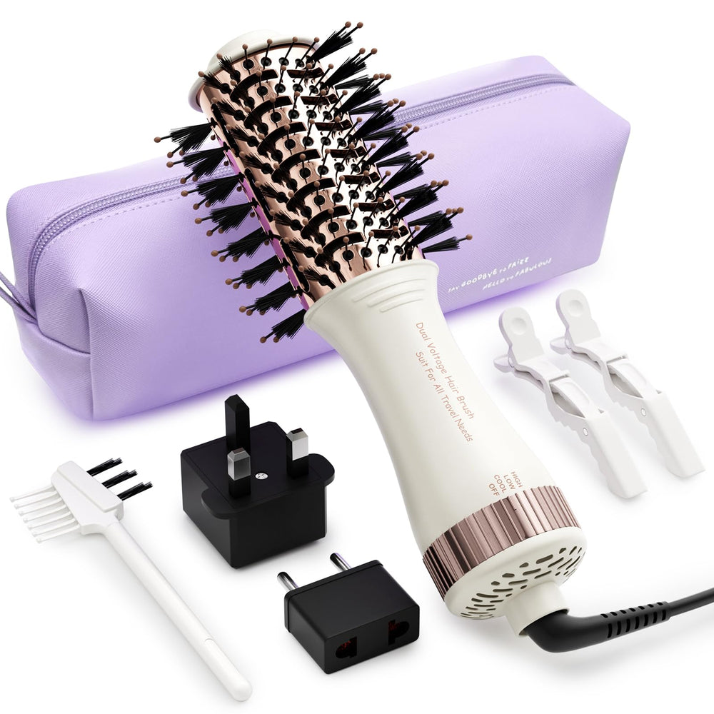 Olaermoso travel dual-voltage hair dryer brush compact for on-the-go styling.