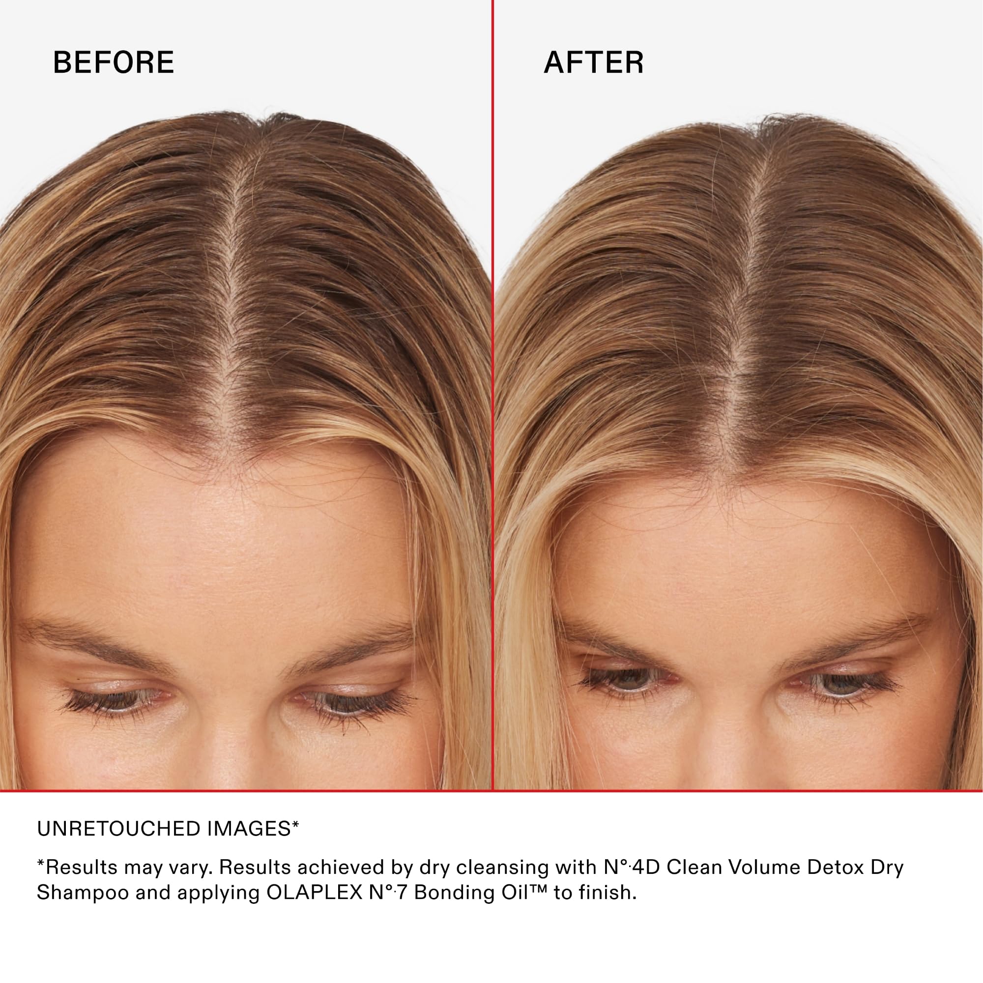 Olaplex Nº.4D before-and-after roots showing reduced oil and added body