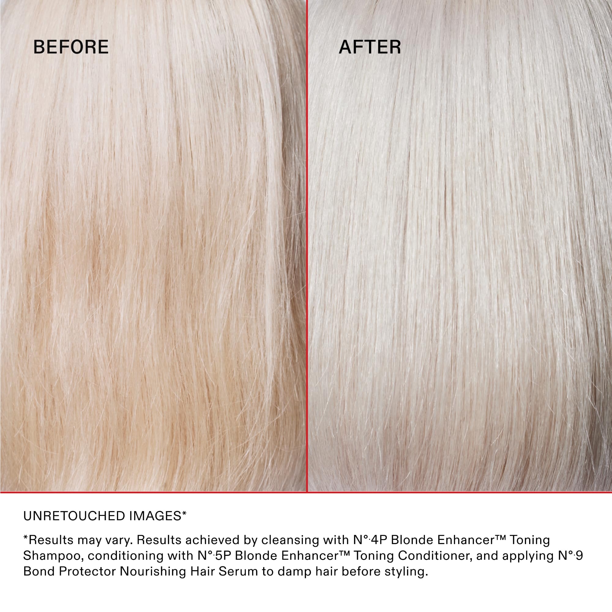 Side-by-side before and after blondes using Olaplex Nº.5P, reduced brassiness