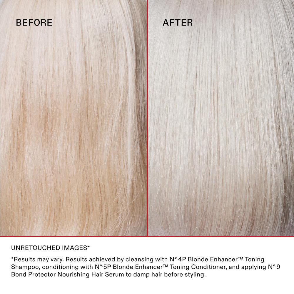 Side-by-side before and after blondes using Olaplex Nº.5P, reduced brassiness