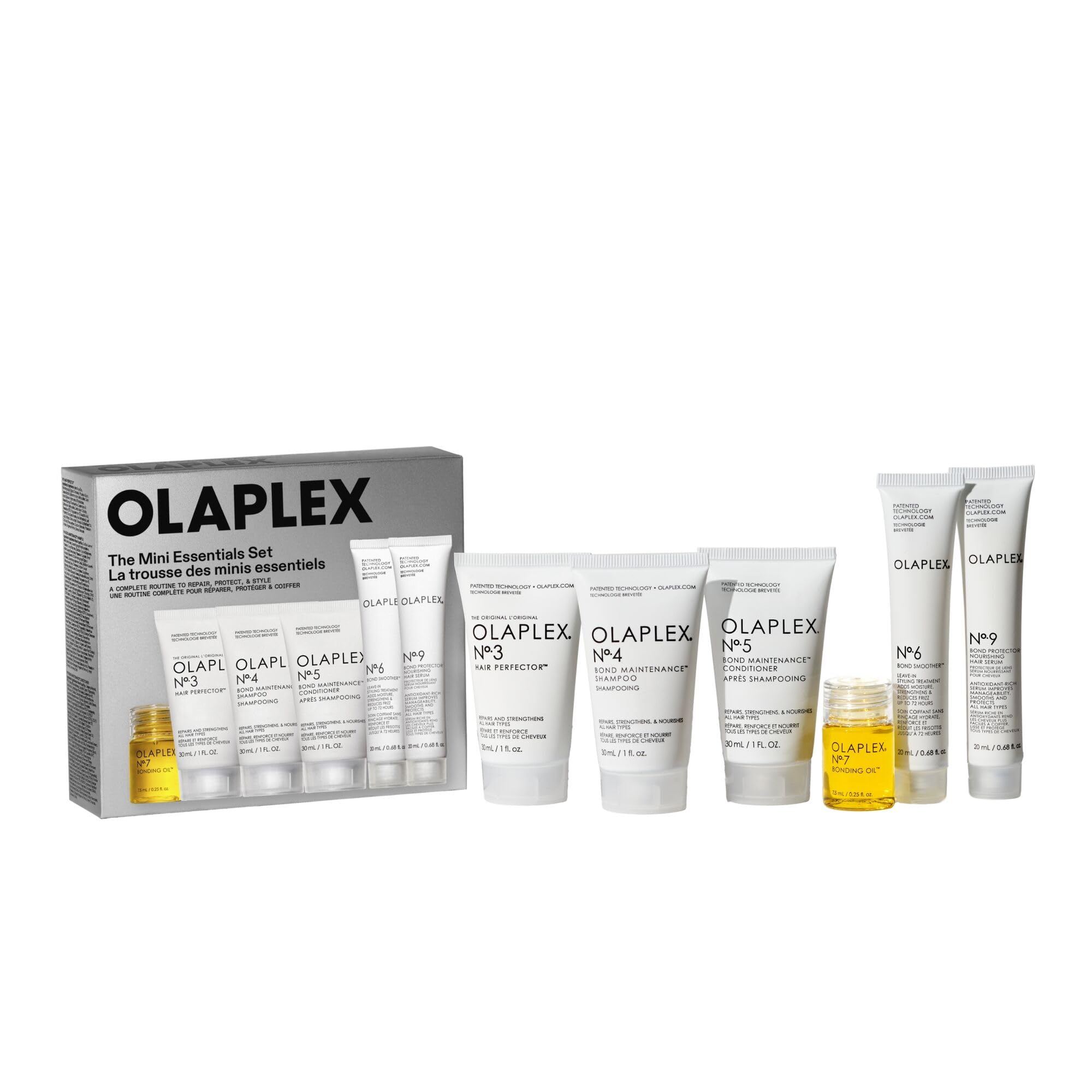 Olaplex mini set front packaging showing full travel routine and benefits