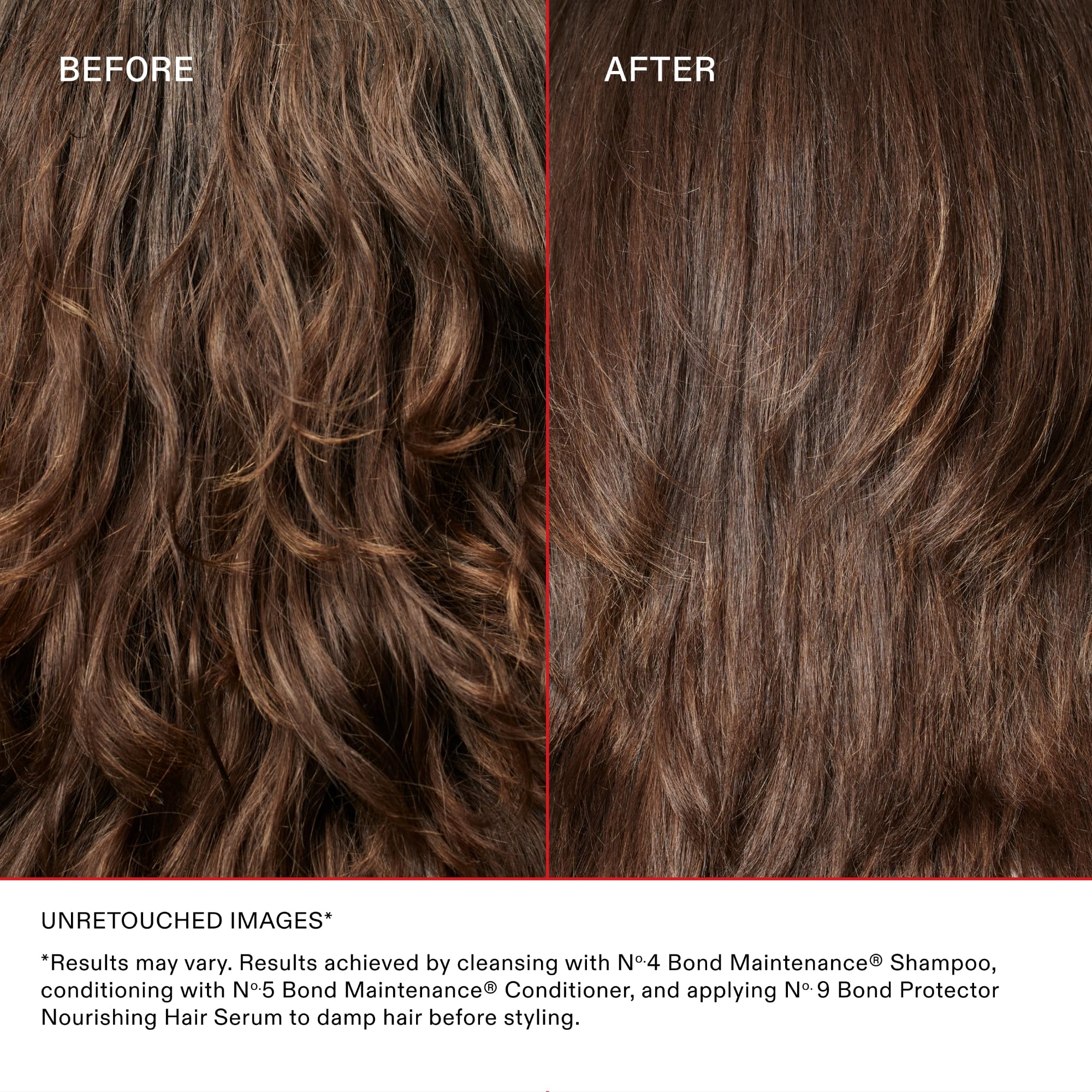 Before and after hair shine comparison with Olaplex Nº.9 showing improved satin finish benefit
