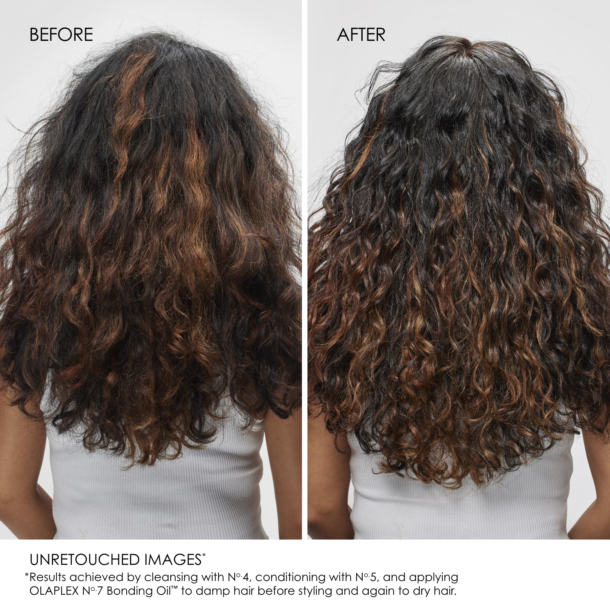 Olaplex No.4 shampoo and No.5 conditioner in hand demonstrating gentle cleansing and hydration