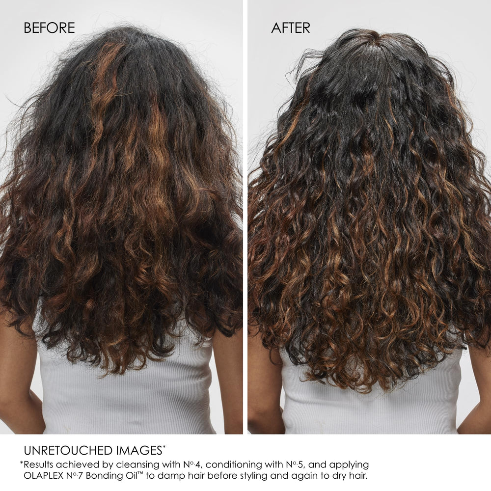 Olaplex No.4 shampoo and No.5 conditioner in hand demonstrating gentle cleansing and hydration