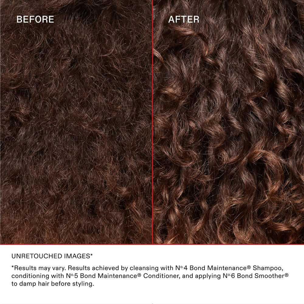 Before and after blow-dry with Olaplex Nº.6 showing reduced frizz and shine