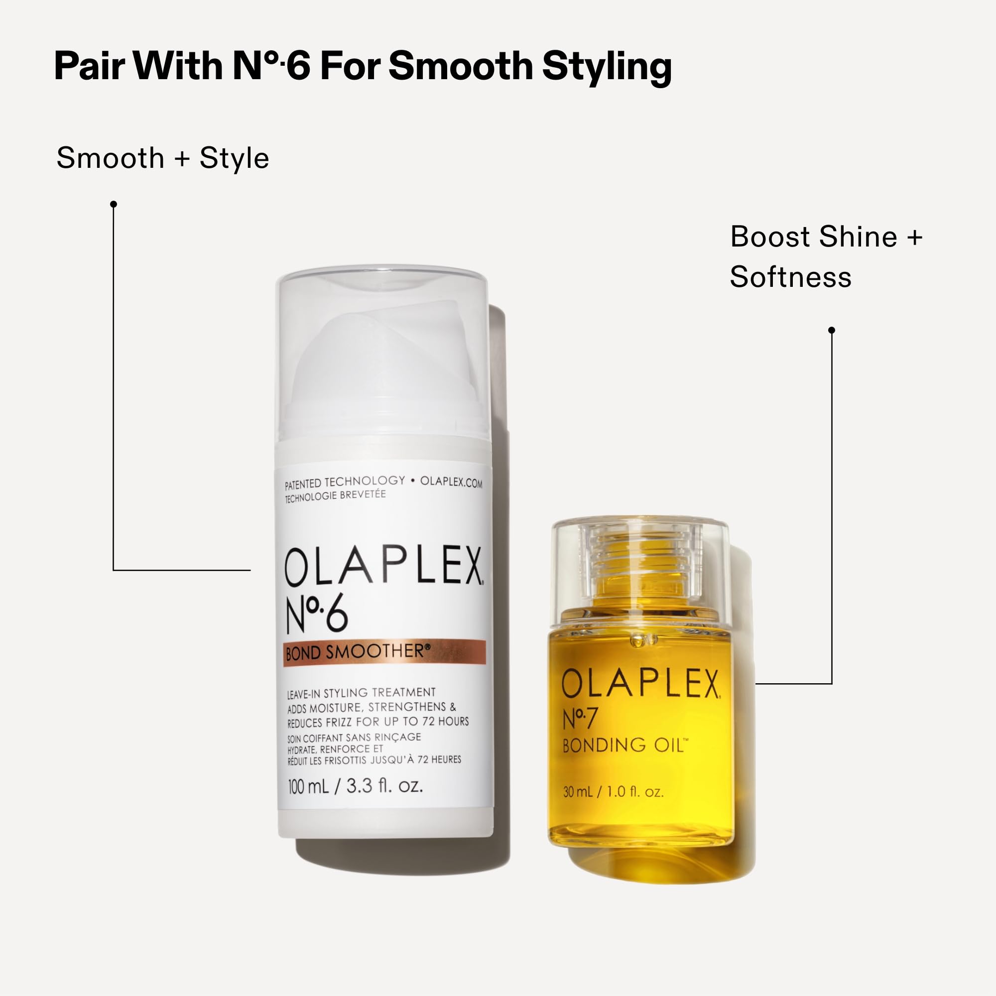 close detail of Olaplex No.7 label emphasizing heat protection up to 450°F and benefits