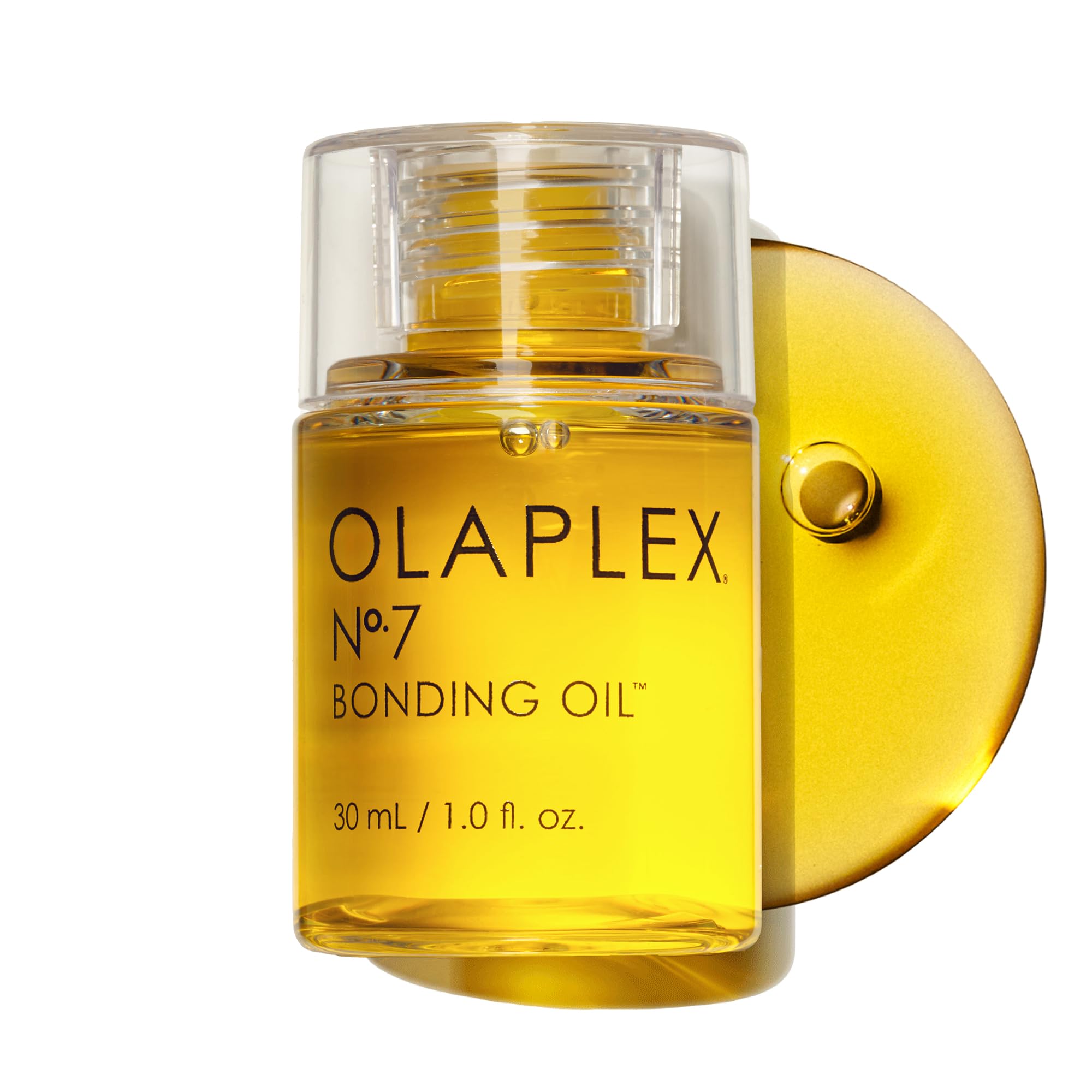 Olaplex No.7 front bottle shot showing compact 1 fl oz size and sleek design benefits shine