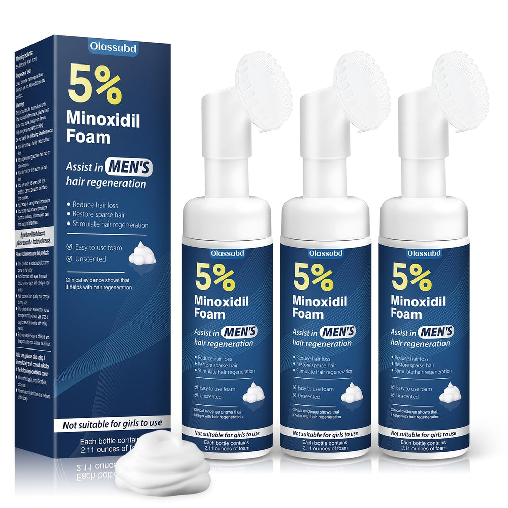 Olassubd Minoxidil five-percent foam bottle close-up showing easy pump application for men.