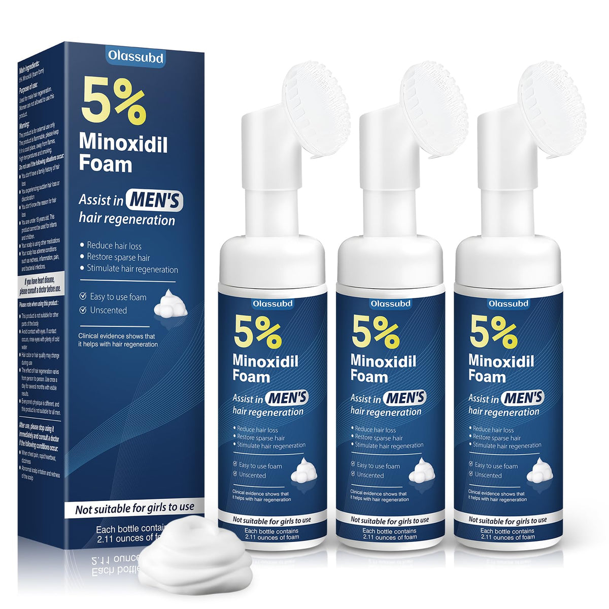Olassubd Minoxidil five-percent foam bottle close-up showing easy pump application for men.