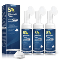 Olassubd Minoxidil five-percent foam bottle close-up showing easy pump application for men.