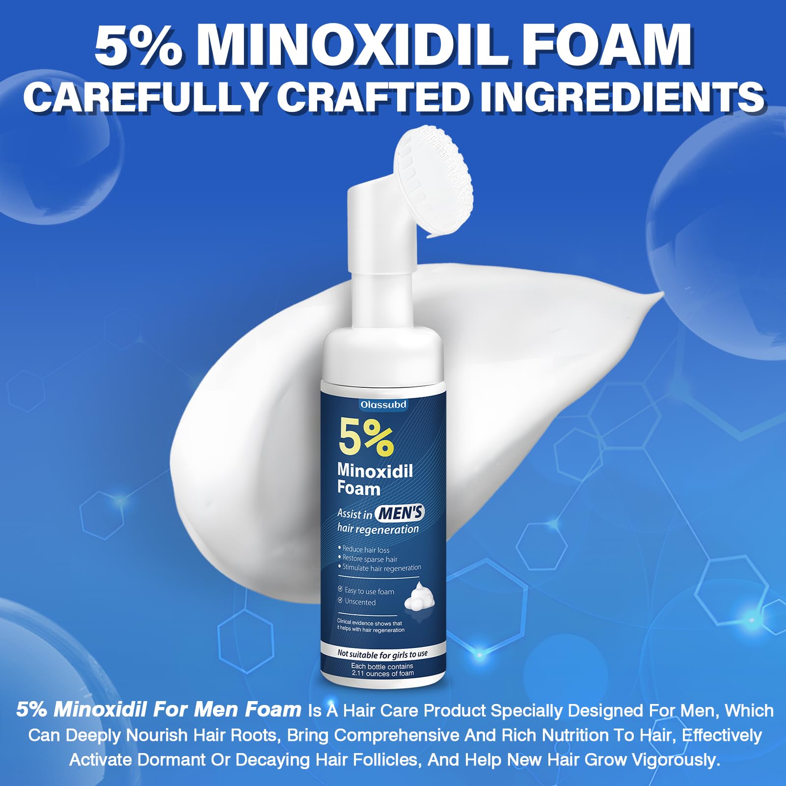 Olassubd Minoxidil five-percent foam packaging and label highlighting daily routine.