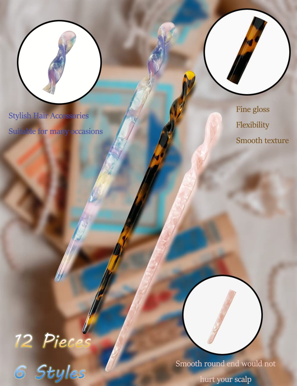 Olawyrae hair sticks in tortoise shell provide smooth glide and easy styling.