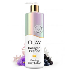 Olay front packaging showing 17 fl oz bottle and clean design, promotes firming benefits