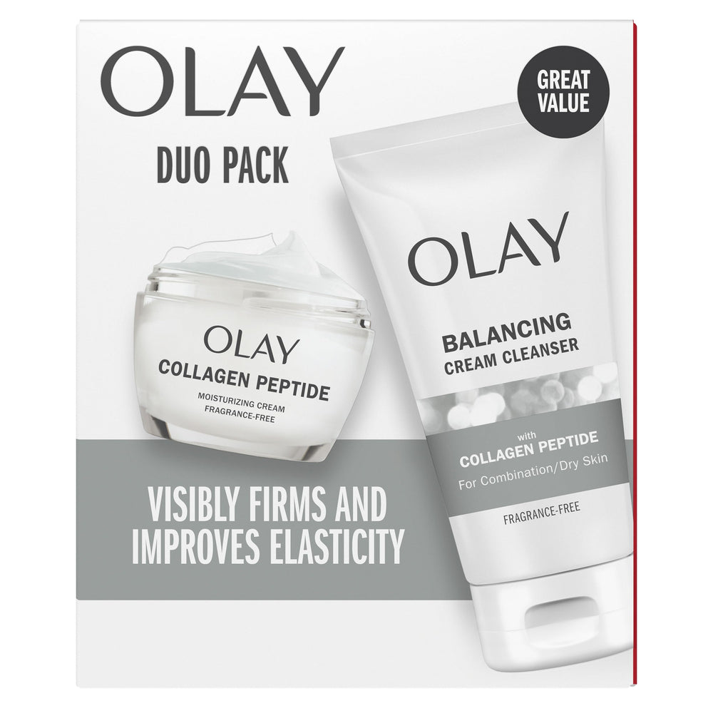 Olay Collagen Peptide Duo Pack showing moisturizer and cleanser for hydrated, firmer-looking skin