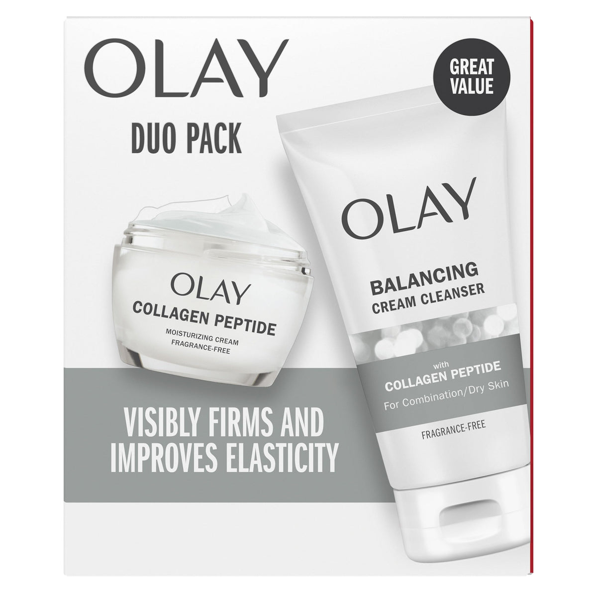 Olay Collagen Peptide Duo Pack showing moisturizer and cleanser for hydrated, firmer-looking skin