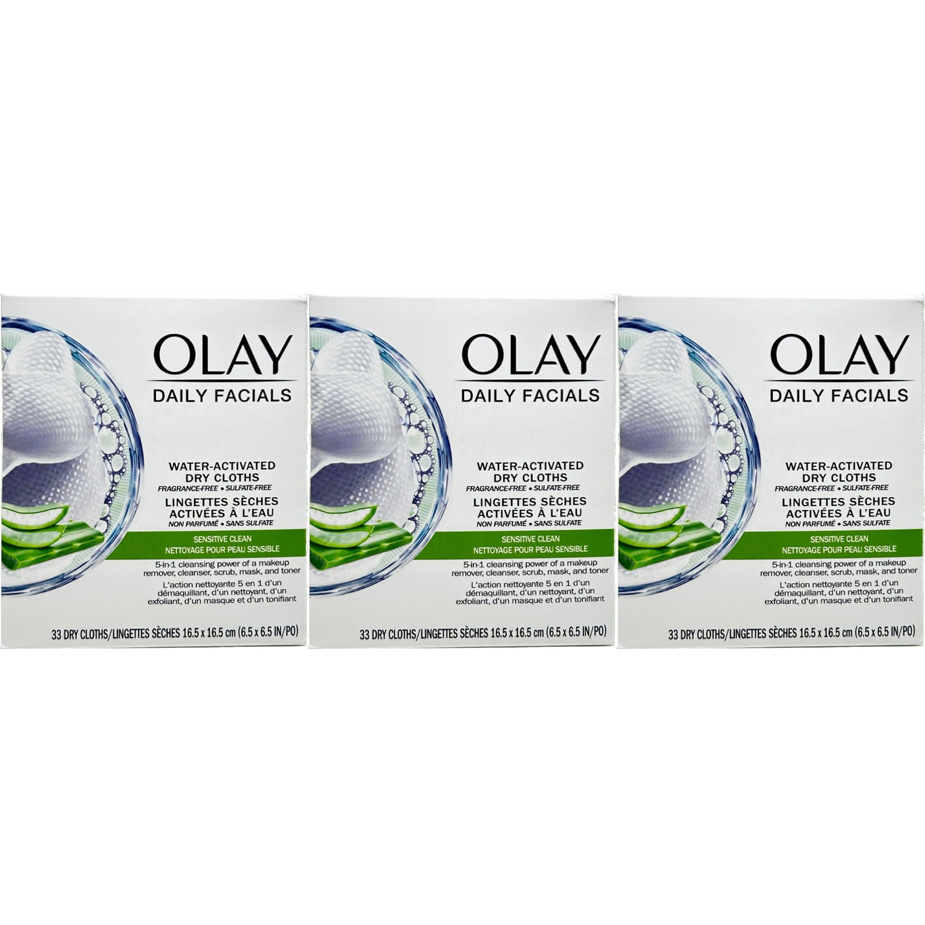 Olay Daily Gentle Clean Cloths pack image shows three-pack for travel cleansing.