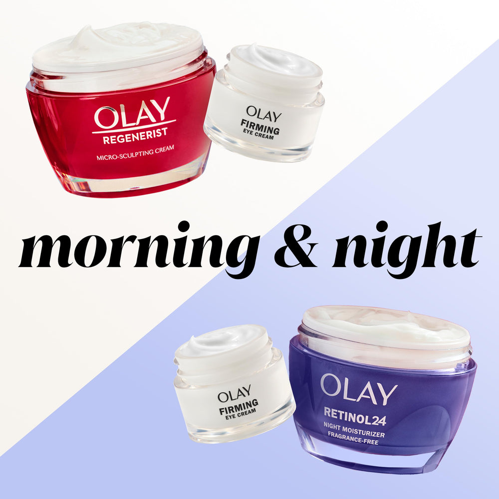 Olay collage style sequence depicting one-week use and brighter under-eye skin.