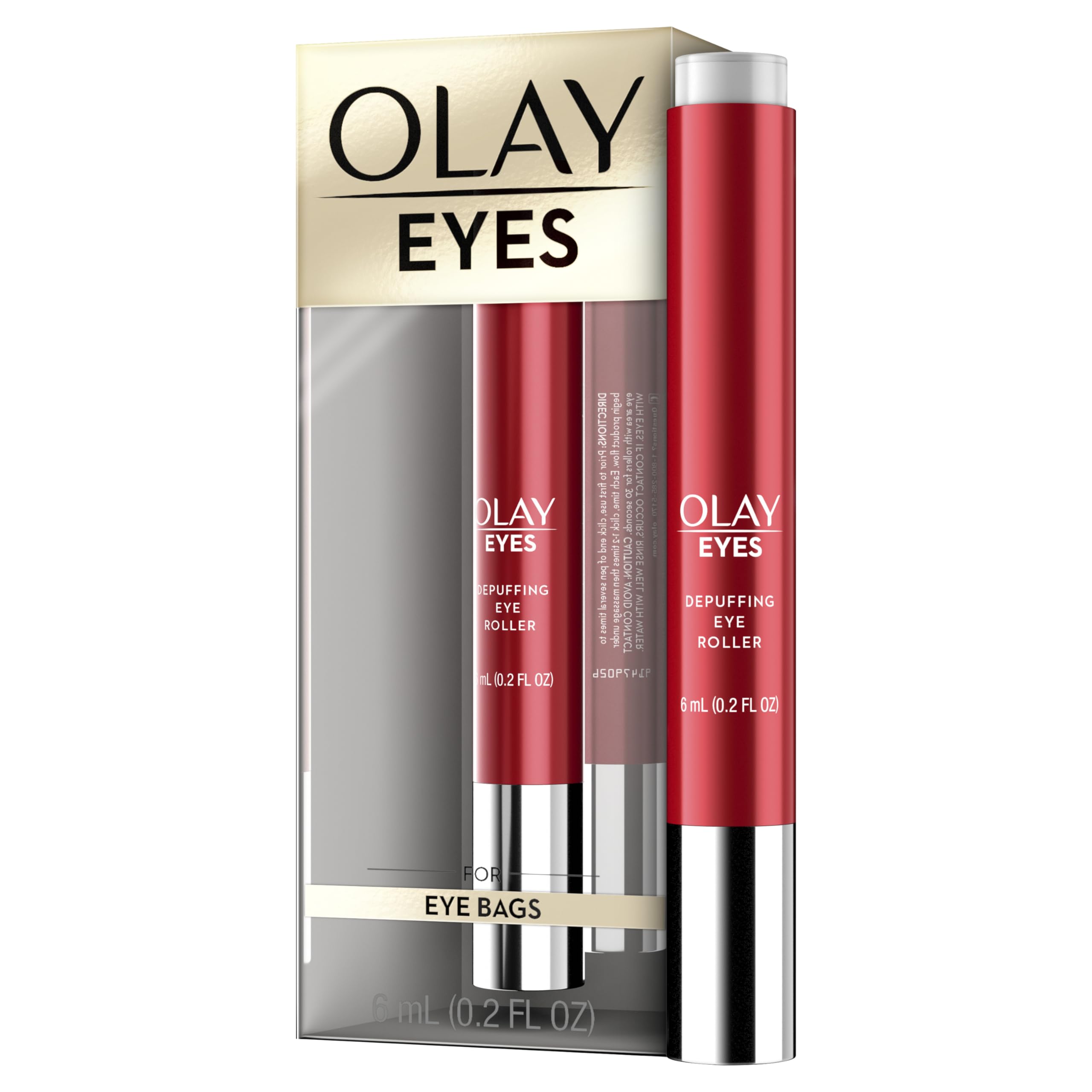Olay Eyes Depuffing Eye Roller packaging shows compact travel-friendly design for on-the-go use.