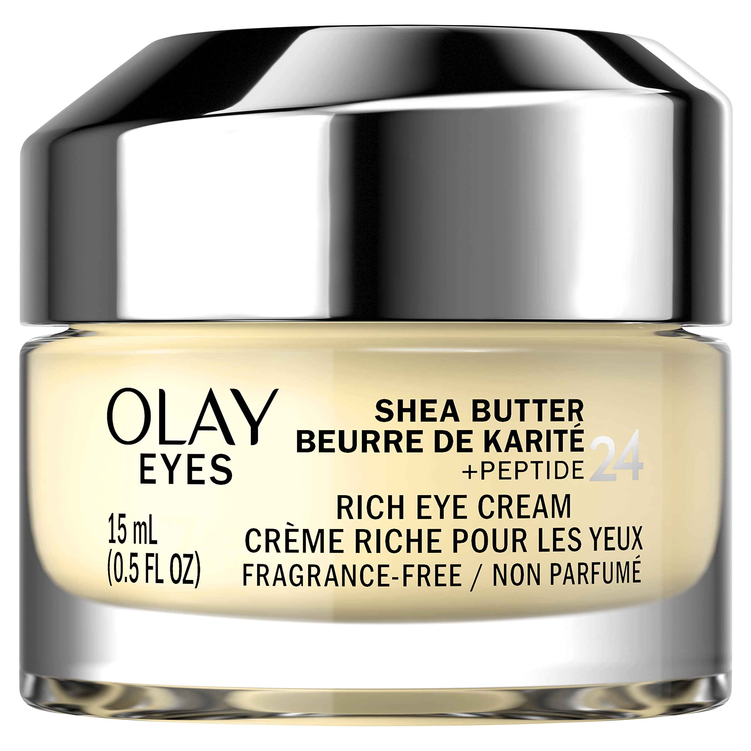 Olay Eyes Shea Butter Peptide 24 rich eye cream application demonstrates deep under-eye hydration.