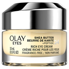 Olay Eyes Shea Butter Peptide 24 rich eye cream application demonstrates deep under-eye hydration.