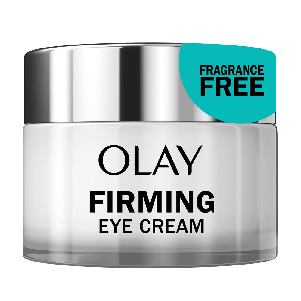 Olay Firming Eye Cream tube closeup highlights fragrance-free formula for sensitive eyes.