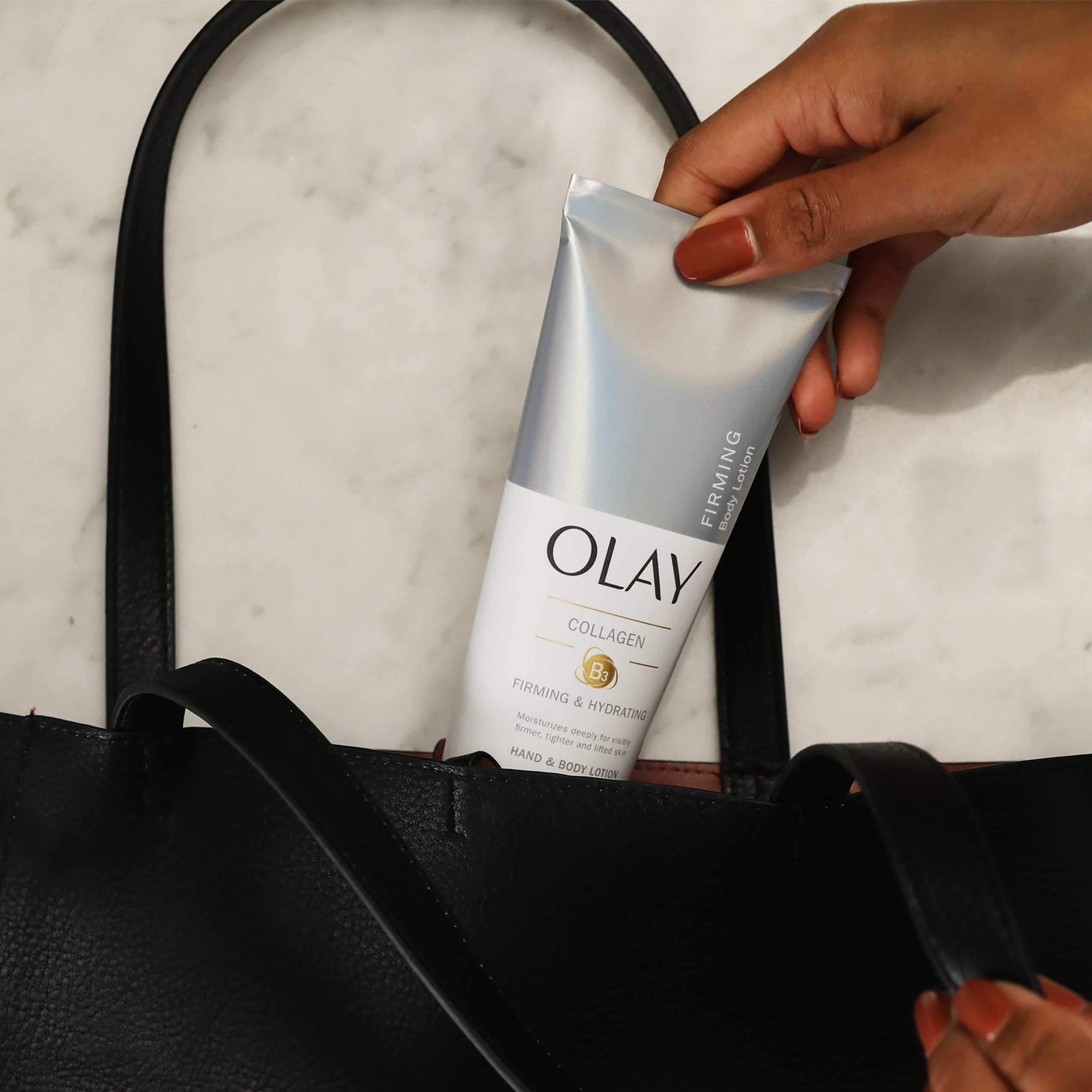 Olay Hand and Body application on morning routine scene demonstrates quick absorption.