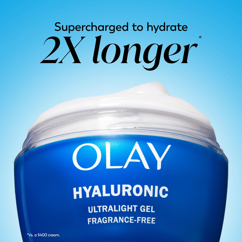 Olay Hyaluronic Acid Gel texture close-up reveals fast-absorbing, fragrance-free hydration