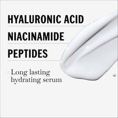 Olay Hyaluronic Hydrating Serum texture on finger showing lightweight, non sticky feel