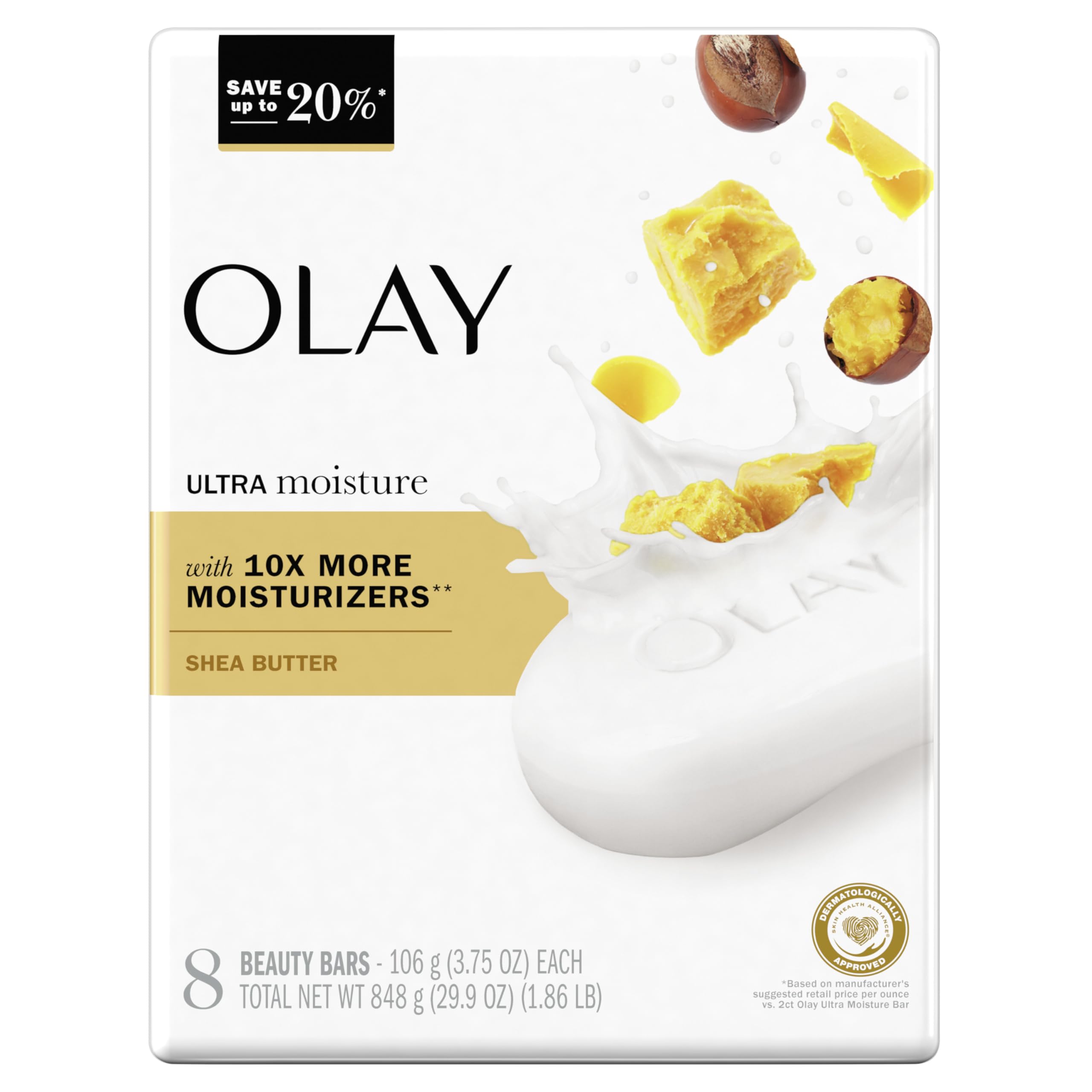 Olay Moisture Outlast beauty bar pack shows 8 bars for long-lasting hydration.