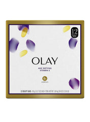 Olay Moisture Outlast beauty bar packaging highlights vitamin E and hydrating formula for cleansing