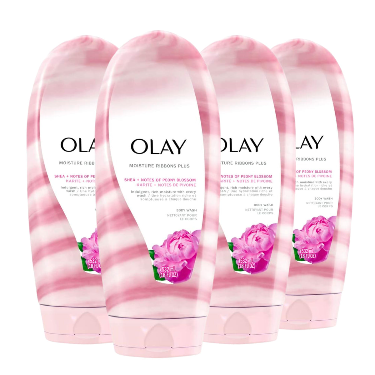 Olay Moisture Ribbons Plus body wash bottle closeup showing rich lather for moisturized skin
