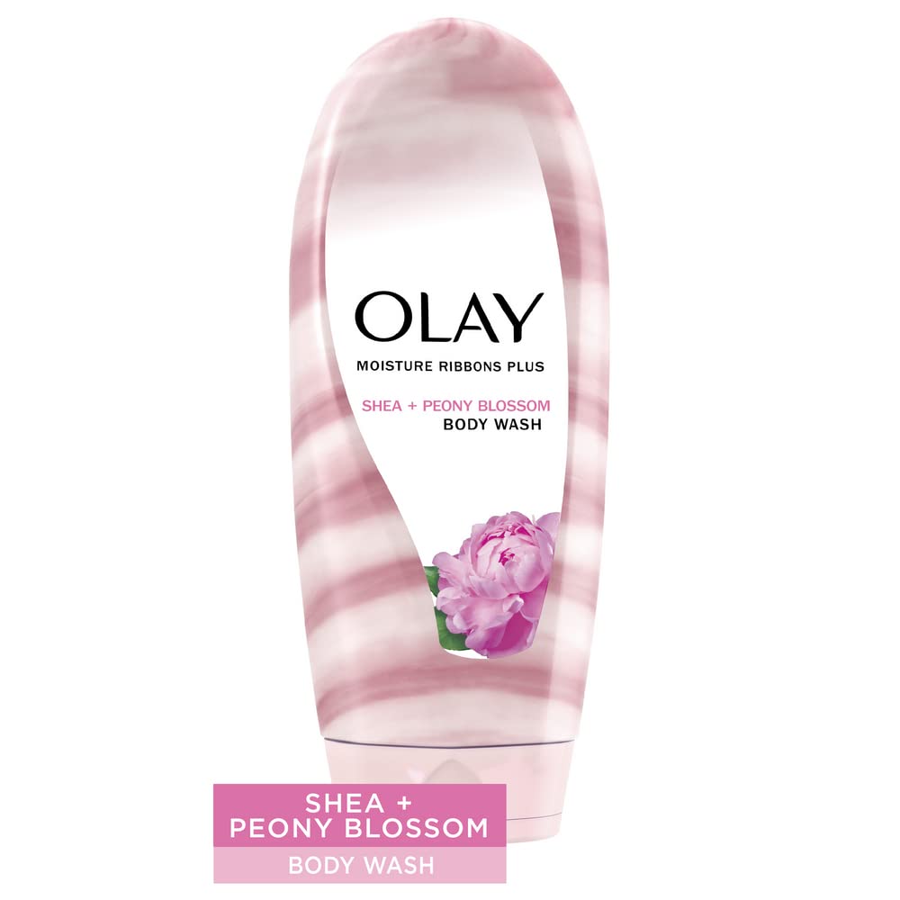 Olay Moisture Ribbons Plus body wash foamy lather in shower illustrates deep conditioning