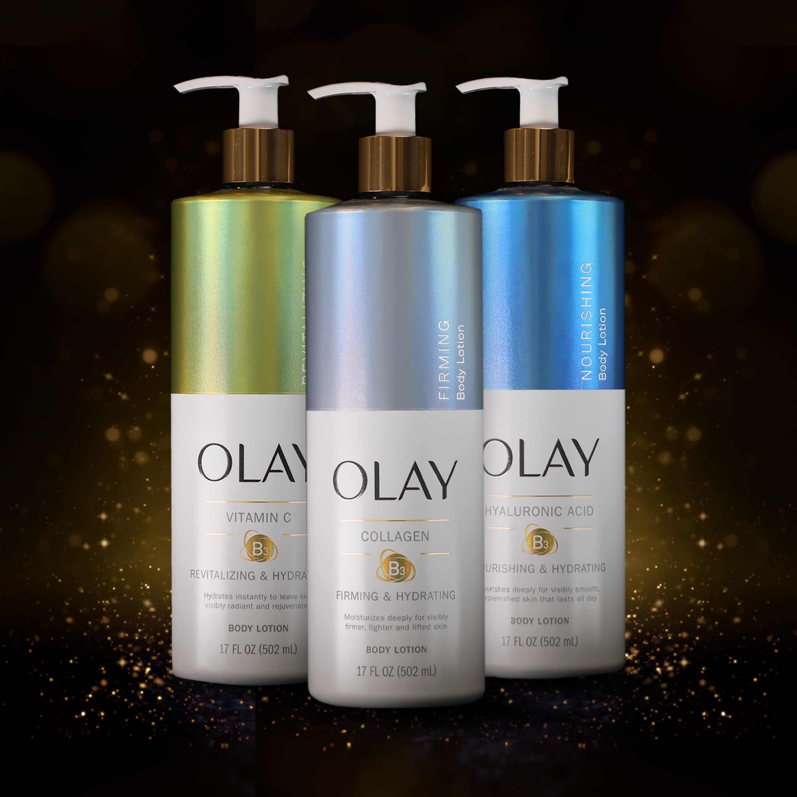 Boxed four-pack of Olay Nourishing & Hydrating Body Lotion for daily routine