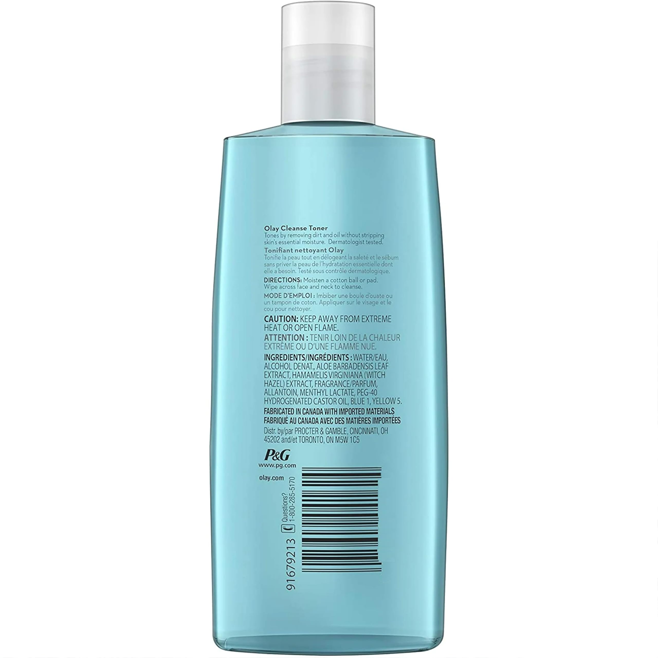 7.2oz Olay toner bottle label highlighting witch hazel and oil-minimizing formula.