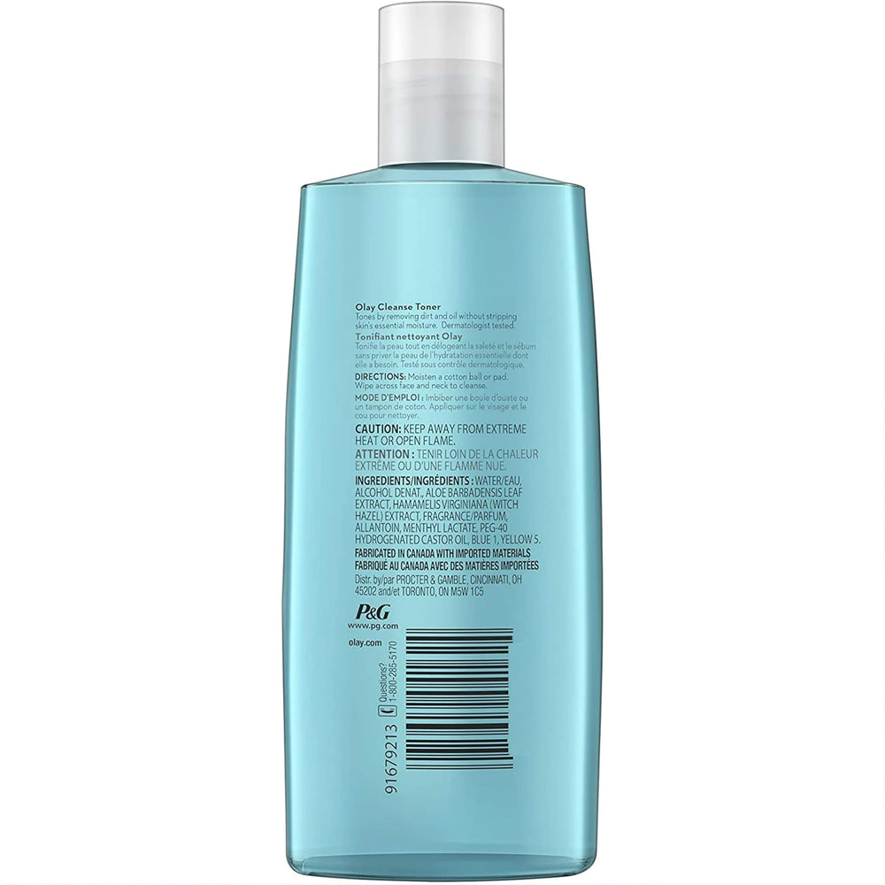 7.2oz Olay toner bottle label highlighting witch hazel and oil-minimizing formula.