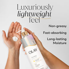Olay pump dispenser close-up enabling easy controlled lotion dispensing and convenience