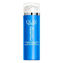 Olay Regenerist Hyaluronic + Peptide 24 moisturizer jar delivers daily hydration and SPF protection.