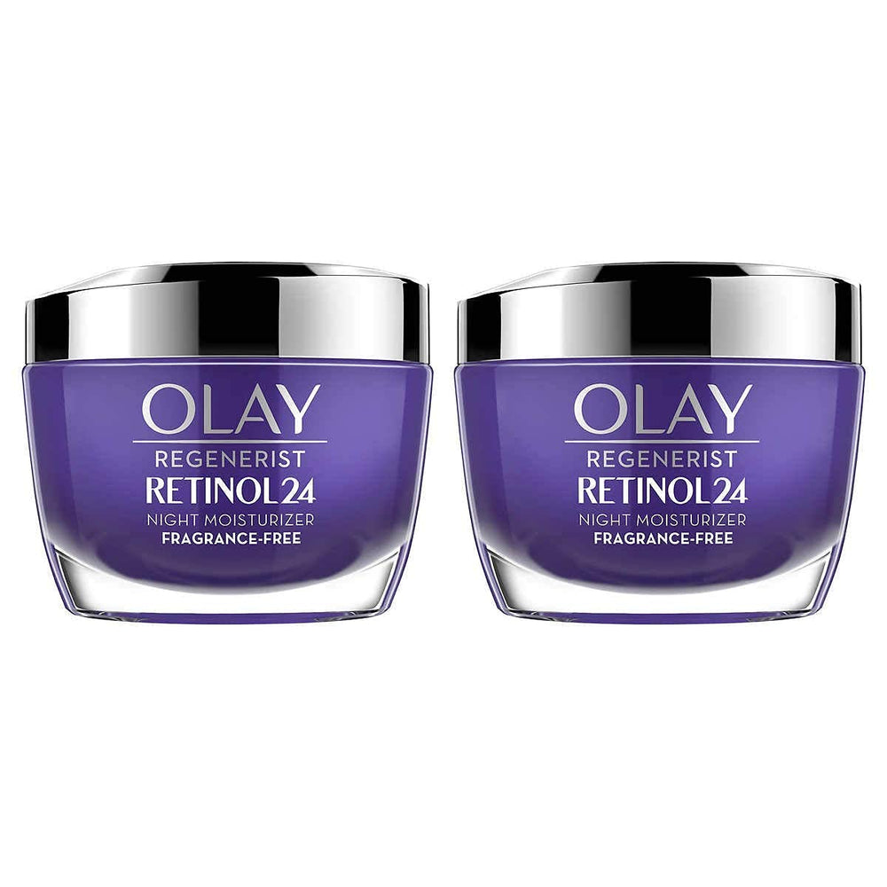 Olay Regenerist Retinol 24 Night Cream double-pack pump bottle delivers overnight hydration