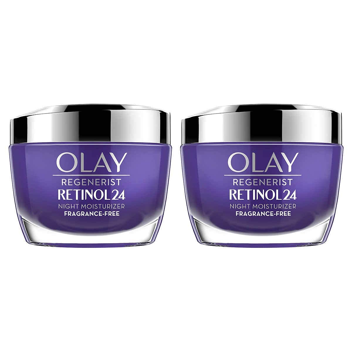 Olay Regenerist Retinol 24 Night Cream double-pack pump bottle delivers overnight hydration