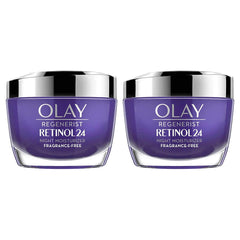 Olay Regenerist Retinol 24 Night Cream double-pack pump bottle delivers overnight hydration