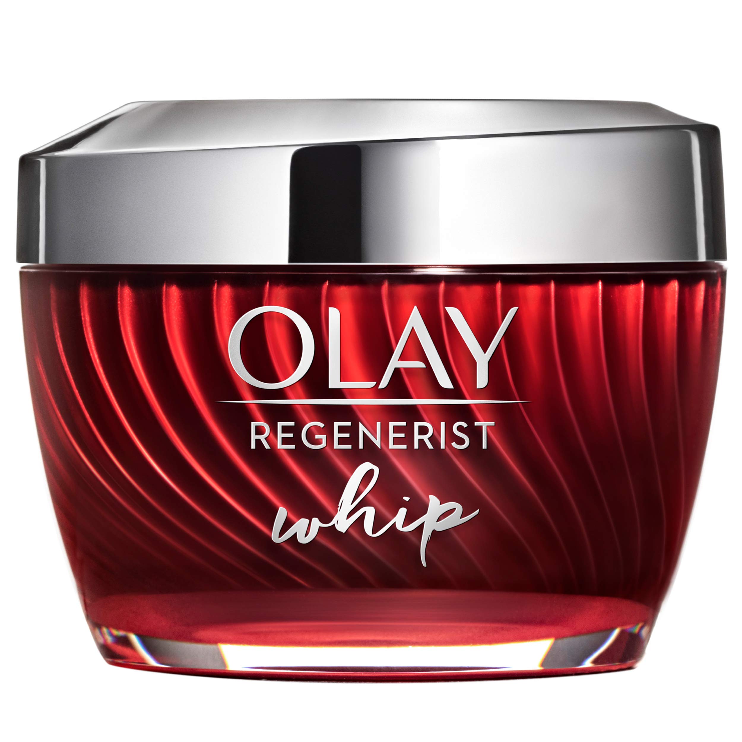 Olay Regenerist Whip jar closeup shows lightweight texture for fast absorption.