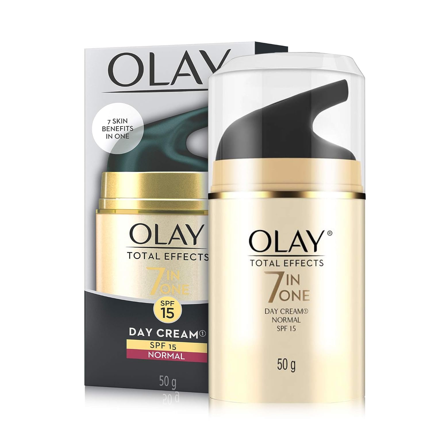 Olay Total Effects 7-in-1 Day Cream 50g tub shown in packaging, fragrance-free