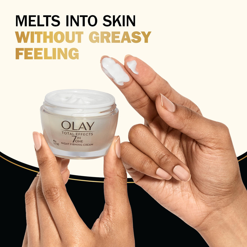 Olay Total Effects Night Firming Cream absorbs quickly for comfortable night wear.