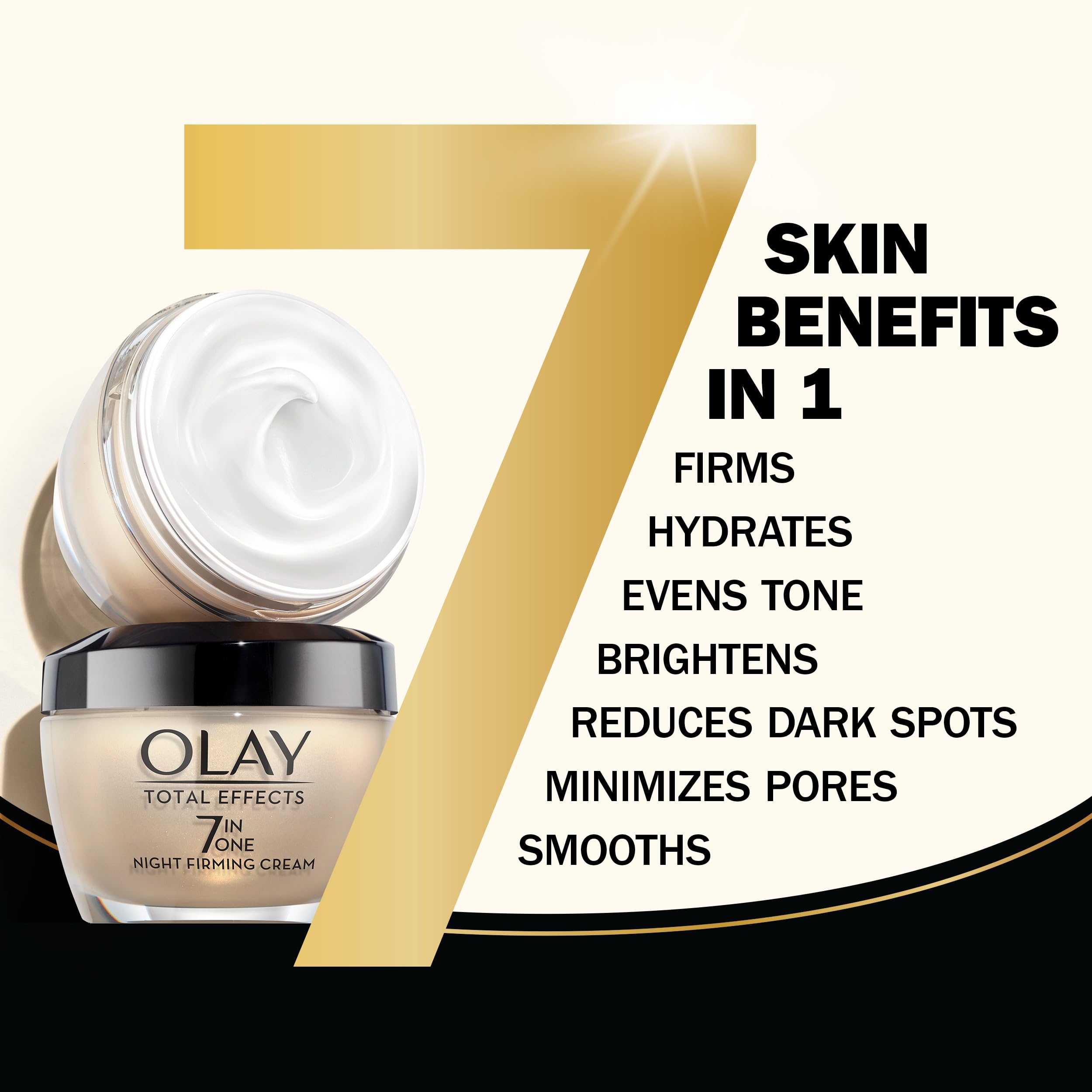 Olay Total Effects Night Firming Cream bottle displays light, fast-absorbing formula.