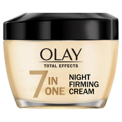 Olay Total Effects Night Firming Cream jar shows rich texture for overnight hydration.