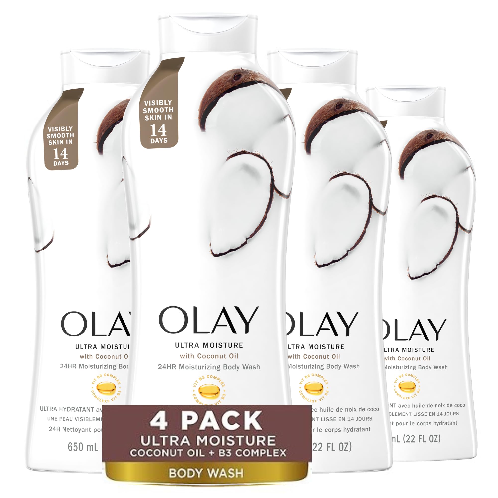 Olay Ultra Moisture Body Wash bottle shows coconut oil hydration for supple skin.