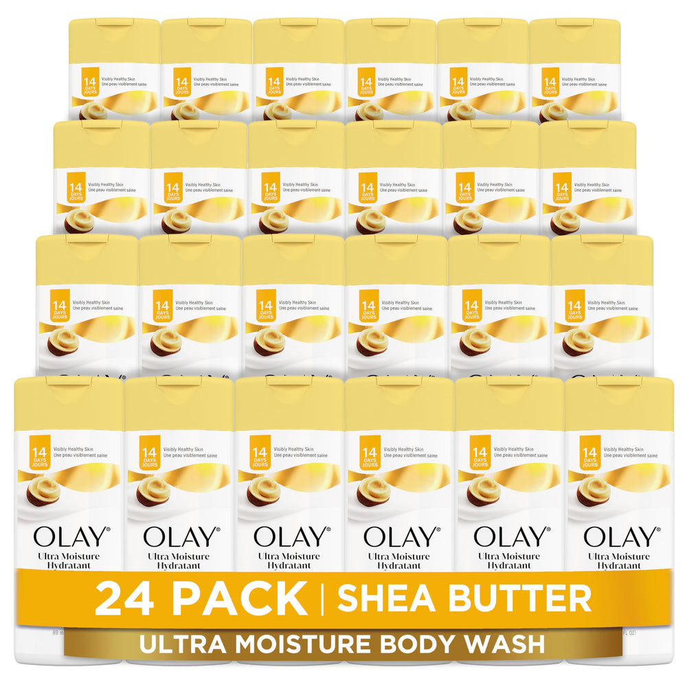 Olay Ultra Moisture bottle display shows the 24-pack design for hydrated skin.