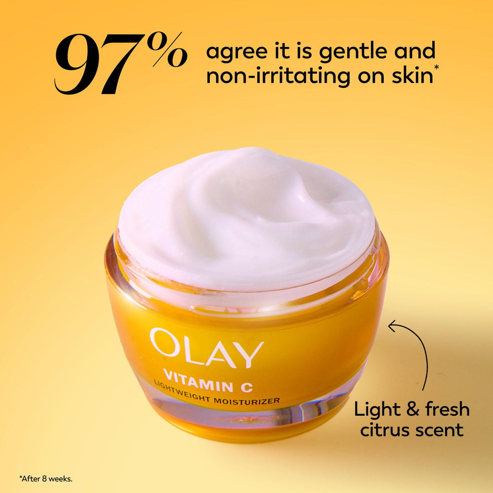Olay Vitamin C moisturizer trial jar with dermatology-tested formula and paraben-free claim